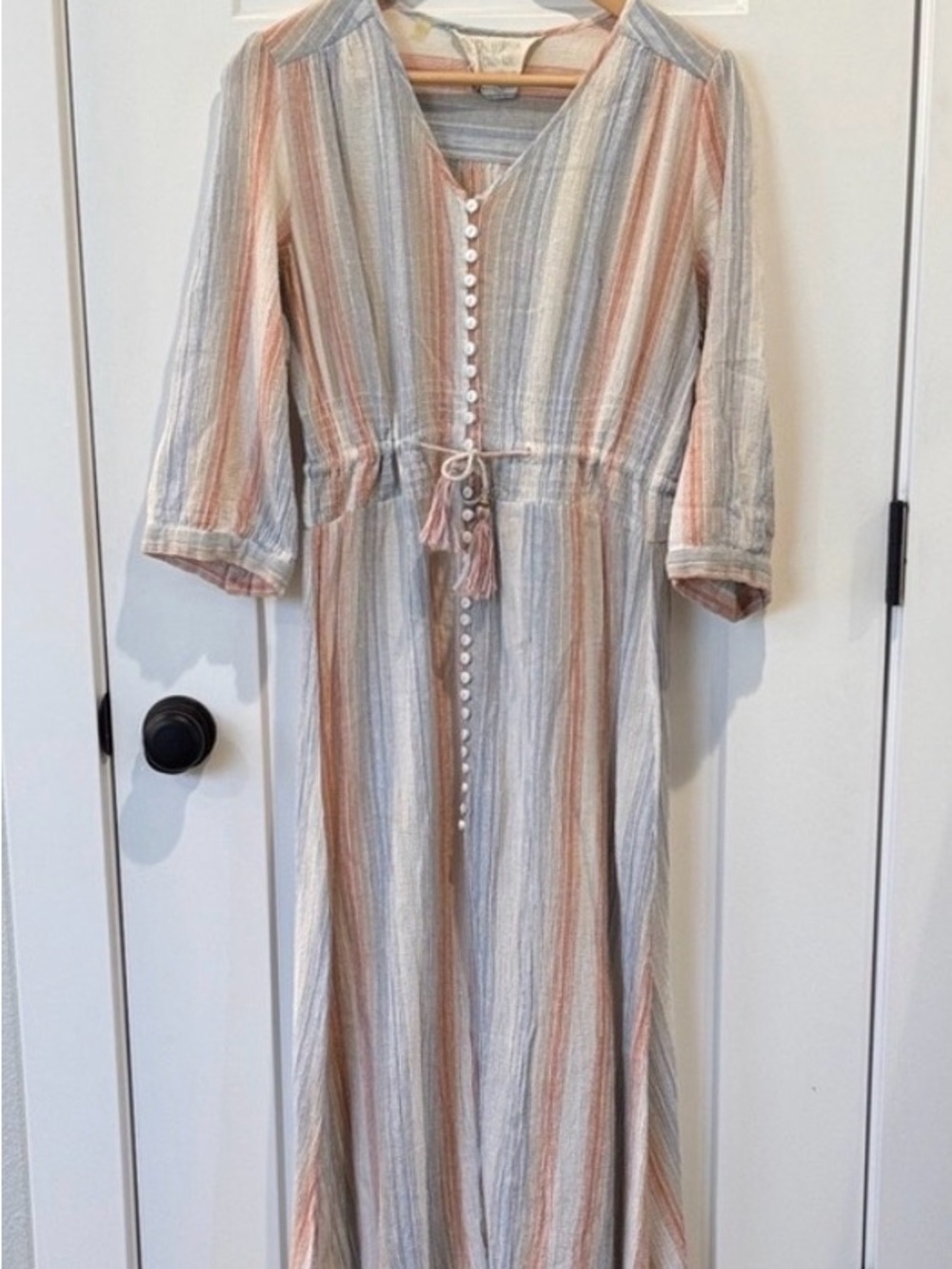 Striped Maxi Dress with Tassel Tie in Light Blue & Peach